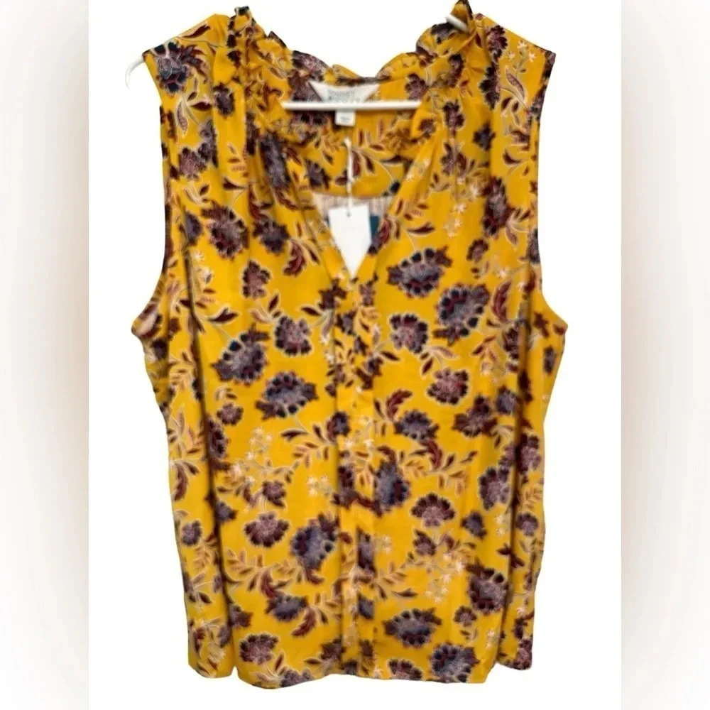 NWT Market Spruce XXL Tank Top Yellow Floral Mixed Material V-Neck Sleeveless